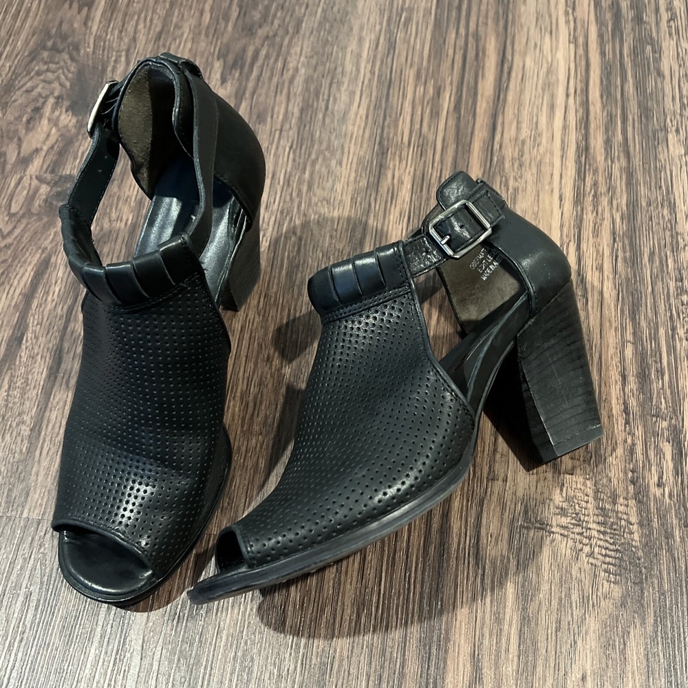 Paul Green Womens Collen Black Suede Open Toe Booties Size 37 Ankle Buckle